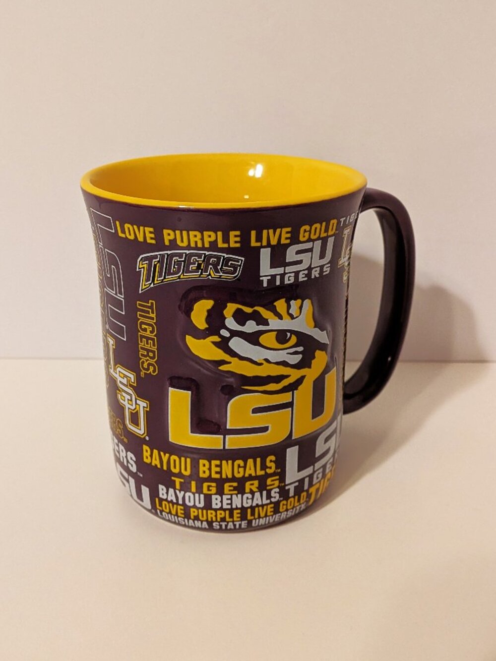 2016 LSU Tigers Coffee Mug Eye Of The Tiger Embossed Purple Gold Cup Spirit NEW